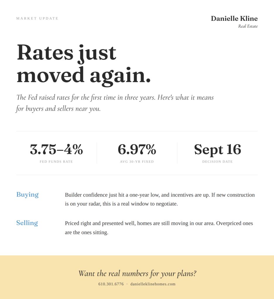 Graphic showing the September 2026 Fed rate hike to 3.75-4%, average 30-year mortgage rate of 6.97%, and what it means for buyers and sellers