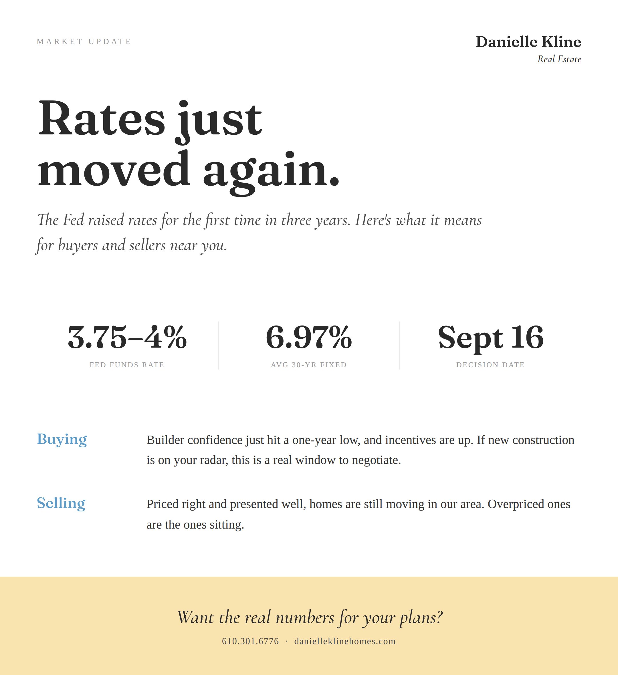 Graphic showing the September 2026 Fed rate hike to 3.75-4%, average 30-year mortgage rate of 6.97%, and what it means for buyers and sellers